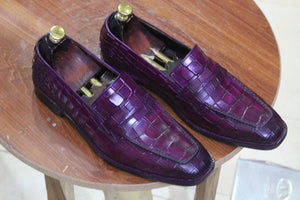 Hand Painted Purple Alligator Penny Loafer Shoes, Slip On Loafer Shoes