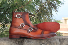 Load image into Gallery viewer, Handmade Ankle High Triple Buckle Boot, Cap Toe Style Pure Two Shaded Leather Boot
