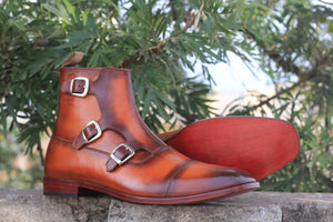 Handmade Ankle High Triple Buckle Boot, Cap Toe Style Pure Two Shaded Leather Boot