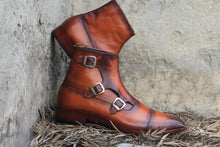 Load image into Gallery viewer, Handmade Ankle High Triple Buckle Boot, Cap Toe Style Pure Two Shaded Leather Boot
