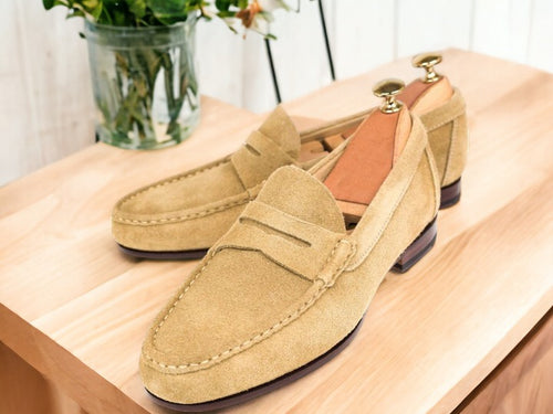 Handmade Beige Suede Penny Loafer Shoes, Slip On Moccasin Loafer Shoes