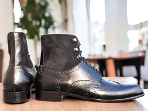 Handmade Black Leather  Suede Wing Tip Boot, Lace Up Brogue Boot