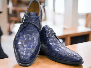 Handmade Blue Alligator Print Shoes, Men's Formal Buckle Shoes