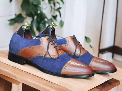 Handmade Blue Brown Cap Toe Leather Suede Shoes, Men's Dress Shoes