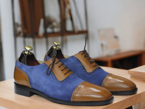 Handmade Blue Brown Denim Leather Shoes, Cap Toe Shoes, Men's Dress Shoes