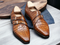 Handmade Brown Double Buckle Alligator Print Leather Shoes, Men's Formal Shoes