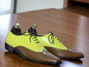 Handmade Brown Yellow Genuine Leather Lace Up Shoes, Men's Dress Shoes