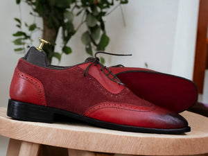 Handmade Burgundy Leather Suede Wing Tip Shoes, Men's Oxford Dress Shoes