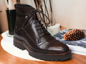 Handmade Dark Brown Lace Up Cap Toe Boot, Rubber Sole Boot, Luxury Boot