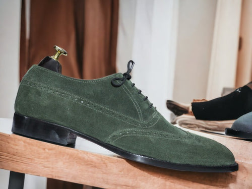 Handmade Green Suede Shoes, Wing Tip Shoes, Lace Up Dress Shoes