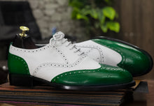 Load image into Gallery viewer, Handmade Green White Wing Tip Lace Up Shoes,Hand painted Shoes, Stylish Shoes
