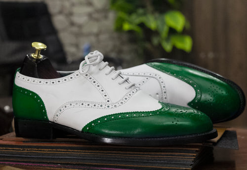 Handmade Green White Wing Tip Lace Up Shoes,Hand painted Shoes, Stylish Shoes
