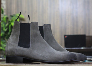Handmade Grey Chelsea Suede Boot Ankle High Men's Boot, Formal Wear Boot