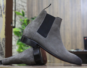 Handmade Grey Chelsea Suede Boot Ankle High Men's Boot, Formal Wear Boot