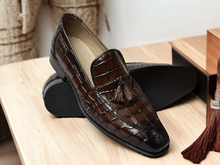 Load image into Gallery viewer, Handmade Men&#39;s Brown Alligator Print Shoes, Slip On Loafer Tussle Shoes
