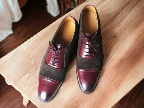 Handmade Men's Brown Burgundy Cap Toe Leather Suede Shoes, Men Designer Shoes