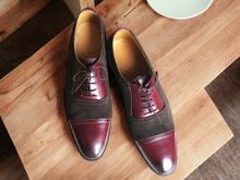 Load image into Gallery viewer, Handmade Men&#39;s Brown Burgundy Cap Toe Leather Suede Shoes, Men Designer Shoes
