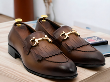 Load image into Gallery viewer, Handmade Dark Brown Fringe Horse bit Style Real Leather Shoes, Men&#39;s Loafer Shoes
