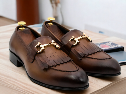 Handmade Dark Brown Fringe Horse bit Style Real Leather Shoes, Men's Loafer Shoes