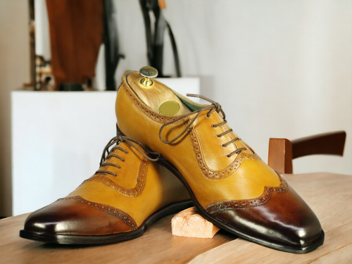 Handmade Men's Tan Brown Wing Tip Leather Dress Shoes, Men Designer Fashion Shoe