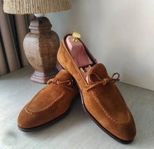 Load image into Gallery viewer, Handmade Suede Moccasin Shoes, Men loafer slip on Brown Tussles shoes
