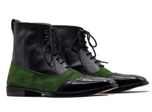 Load image into Gallery viewer, Ankle High Black Green Wing Tip Boot, Lace Up Boot, Hand Painted Street Wear Boot

