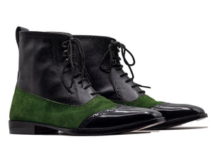Ankle High Black Green Wing Tip Boot, Lace Up Boot, Hand Painted Street Wear Boot