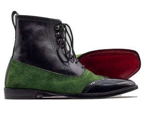 Ankle High Black Green Wing Tip Boot, Lace Up Boot, Hand Painted Street Wear Boot