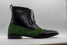 Load image into Gallery viewer, Ankle High Black Green Wing Tip Boot, Lace Up Boot, Hand Painted Street Wear Boot
