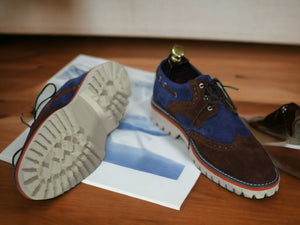 New Stylish Brown Blue Lace Up Shoes, Wing Tip Shoes, Men's Stylish Rubber Sole Shoes