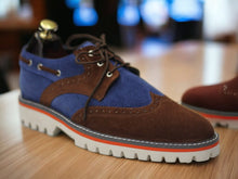 Load image into Gallery viewer, New Stylish Brown Blue Lace Up Shoes, Wing Tip Shoes, Men&#39;s Stylish Rubber Sole Shoes

