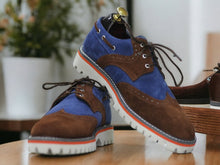 Load image into Gallery viewer, New Stylish Brown Blue Lace Up Shoes, Wing Tip Shoes, Men&#39;s Stylish Rubber Sole Shoes
