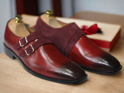 Men's Handmade Burgundy Leather Suede Shoes, Double Buckle Shoes, Classic Shoes