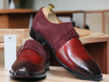 Load image into Gallery viewer, Men&#39;s Handmade Burgundy Leather Suede Shoes, Double Buckle Shoes, Classic Shoes
