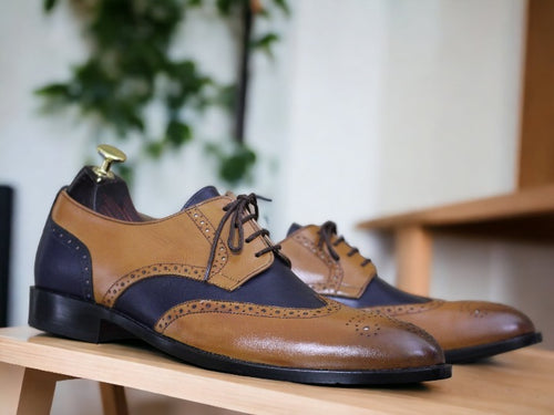 Handmade Blue Brown Genuine Cow Hide Leather Shoes, Men's Lace Up Oxford Shoes