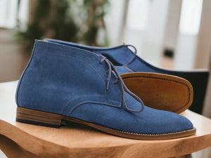 Men's Luxury Hand Stitched Boot, Ankle High Blue Suede Lace Up Boot