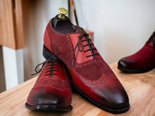 Load image into Gallery viewer, Handmade Burgundy Leather Suede Wing Tip Shoes, Men&#39;s Oxford Dress Shoes
