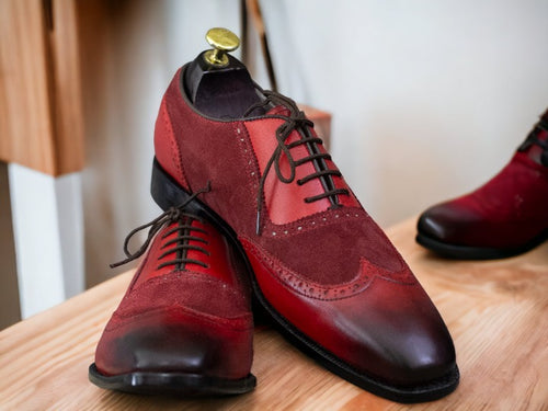 Handmade Burgundy Leather Suede Wing Tip Shoes, Men's Oxford Dress Shoes