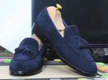 Load image into Gallery viewer, Men&#39;s Blue Suede Hand Painted Slip On Loafer Tussle Shoes, Moccasin Shoes
