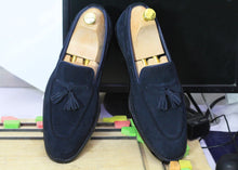 Load image into Gallery viewer, Men&#39;s Blue Suede Hand Painted Slip On Loafer Tussle Shoes, Moccasin Shoes

