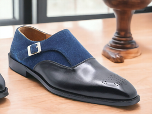 Men's Handmade Black Blue Leather Suede Shoes