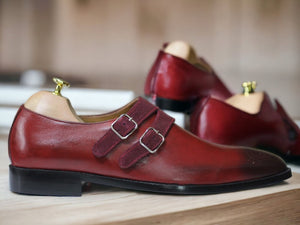Men's Handmade Burgundy Leather Suede Shoes, Double Buckle Shoes, Classic Shoes