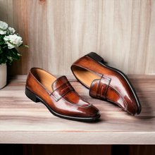 Load image into Gallery viewer, Men&#39;s Brown Penny Loafer Leather Shoes, Slip On Moccasin Shoes
