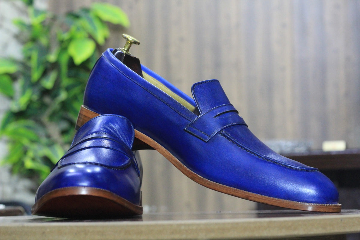 New Handmade Blue Pure Leather Shoes, Penny Loafer Shoes, Men's Round ...