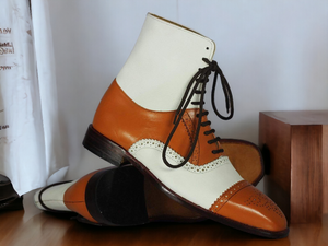 New Handmade Men's Tan White Cap Toe Brogue Boots, Men Leather Designer Boots