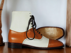 New Handmade Men's Tan White Cap Toe Brogue Boots, Men Leather Designer Boots