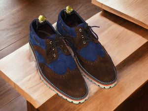 New Stylish Brown Blue Lace Up Shoes, Wing Tip Shoes, Men's Stylish Rubber Sole Shoes