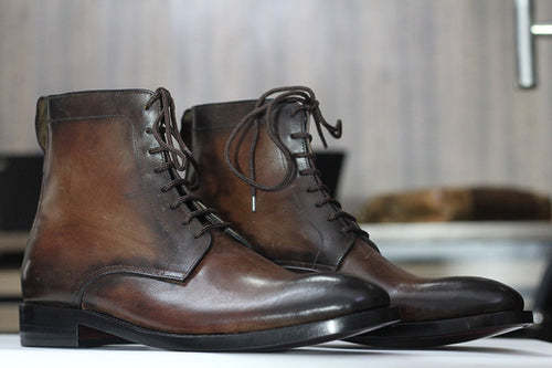 Handmade Ankle High Vintage Brown Leather Boot, Lace Up Boot, Men's Plain Toe Boot