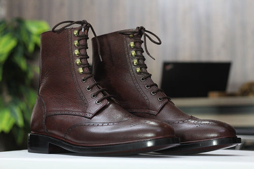 Handmade Cordovan Leather Ankle High Boot, Lace Up Wing Tip Boot For Men's