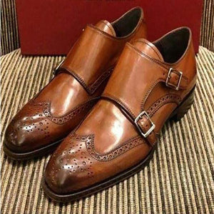 Handmade Men's Brown Leather Monk Strap Wing Tip Brogue Shoe